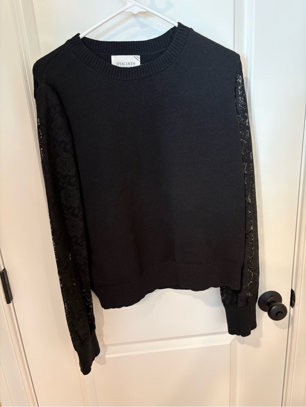 Hyacinth Black Crewneck Sweater with Lace Sleeves